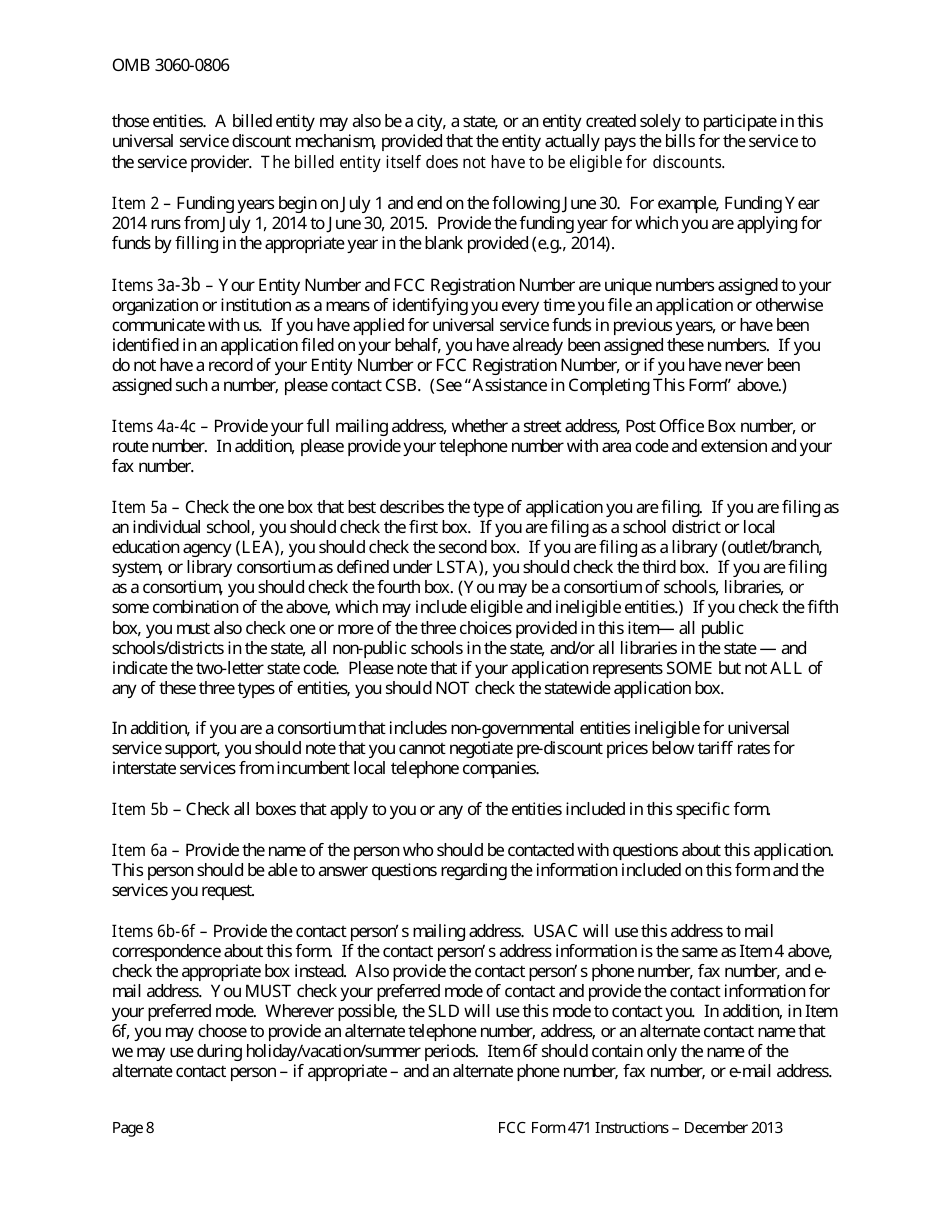 Instructions for FCC Form 471 Schools and Libraries Universal Service. Services Ordered and Certification Form, Page 8