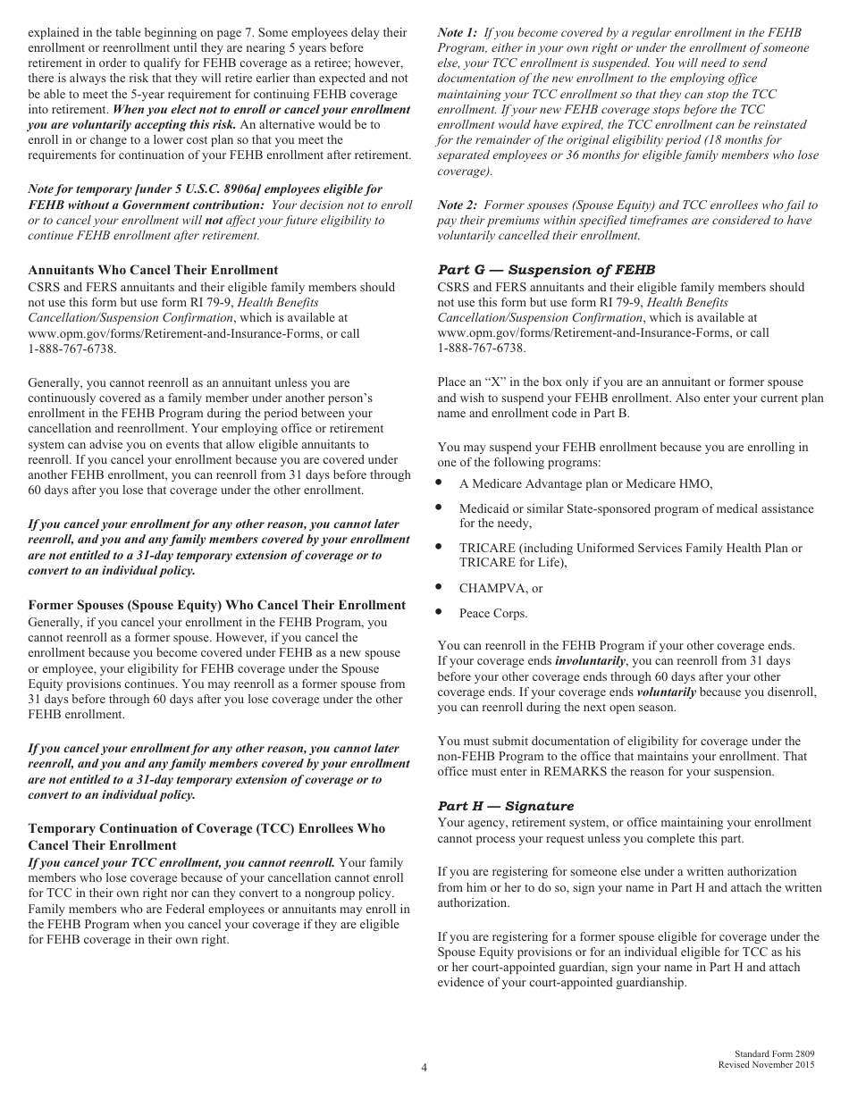 Form SF-2809 Employee Health Benefits Registration Form, Page 4