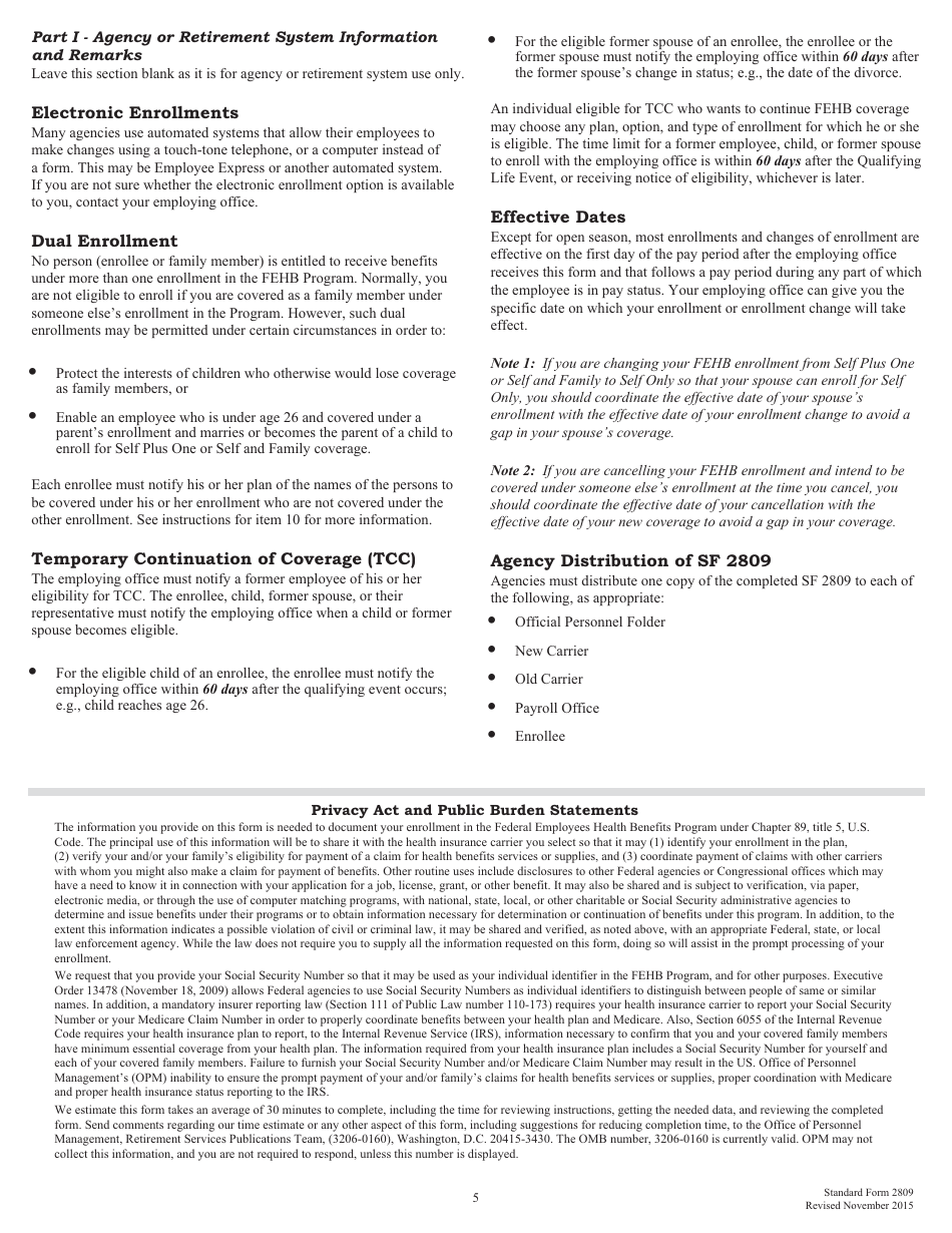 Form SF-2809 Employee Health Benefits Registration Form, Page 5