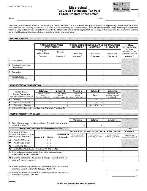 Form 80-160-14-8-1-000 Mississippi Tax Credit for Income Tax Paid to One or More Other States - Mississippi
