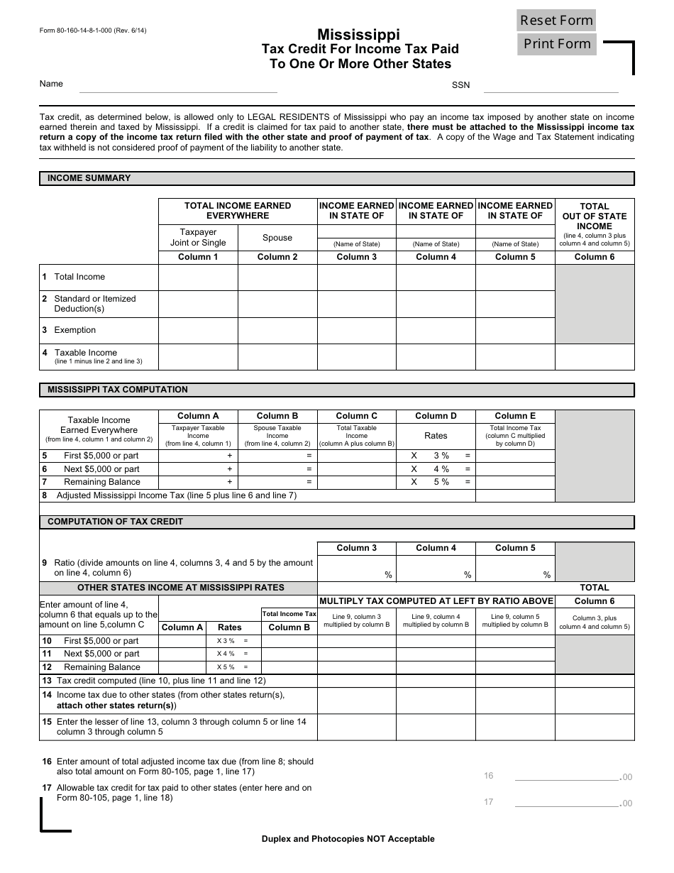 Form 80-160-14-8-1-000 Mississippi Tax Credit for Income Tax Paid to One or More Other States - Mississippi, Page 1