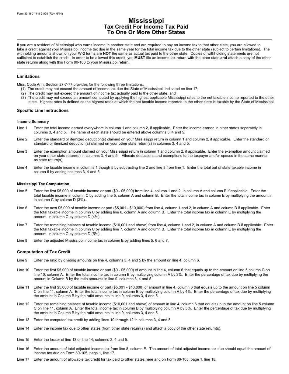 Form 80-160-14-8-1-000 Mississippi Tax Credit for Income Tax Paid to One or More Other States - Mississippi, Page 2