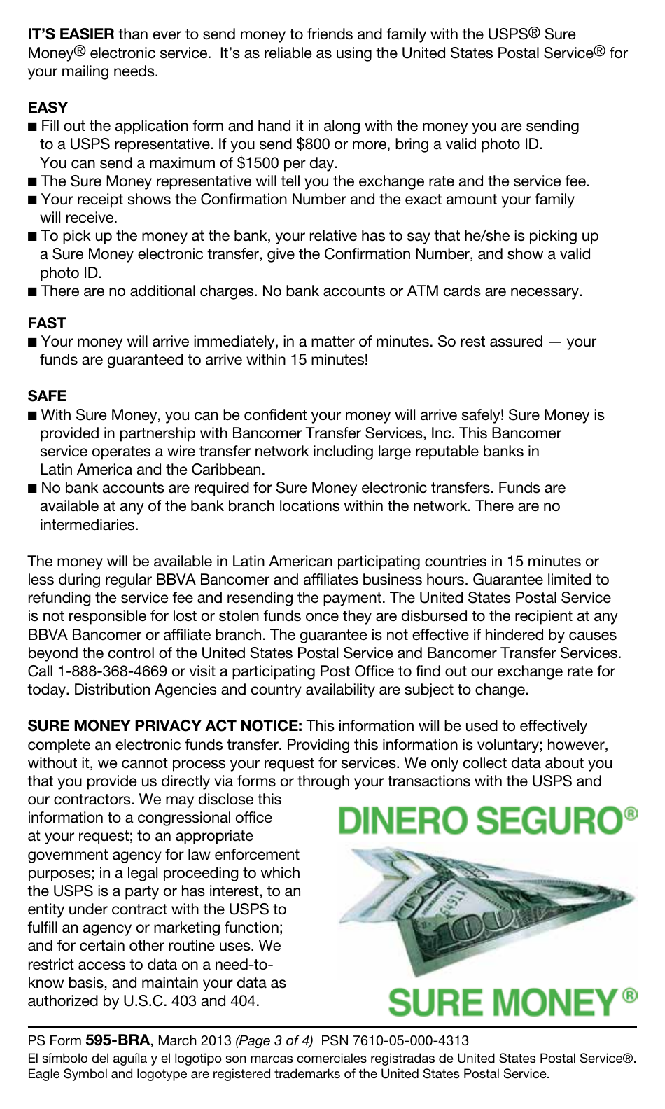 PS Form 595-BRA Dinero Seguro - Payment Order Application (English / Spanish), Page 3