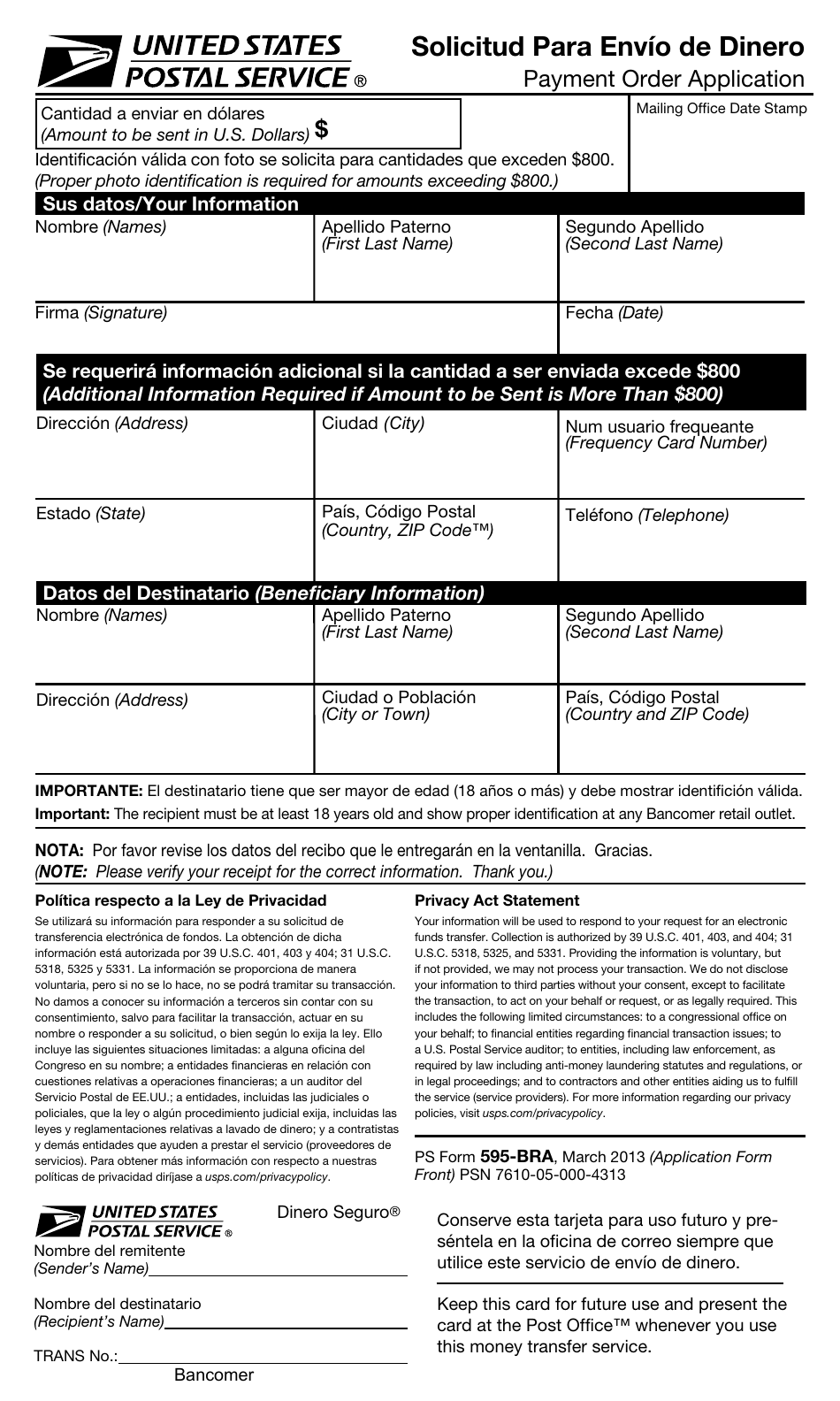 PS Form 595-BRA Dinero Seguro - Payment Order Application (English / Spanish), Page 5