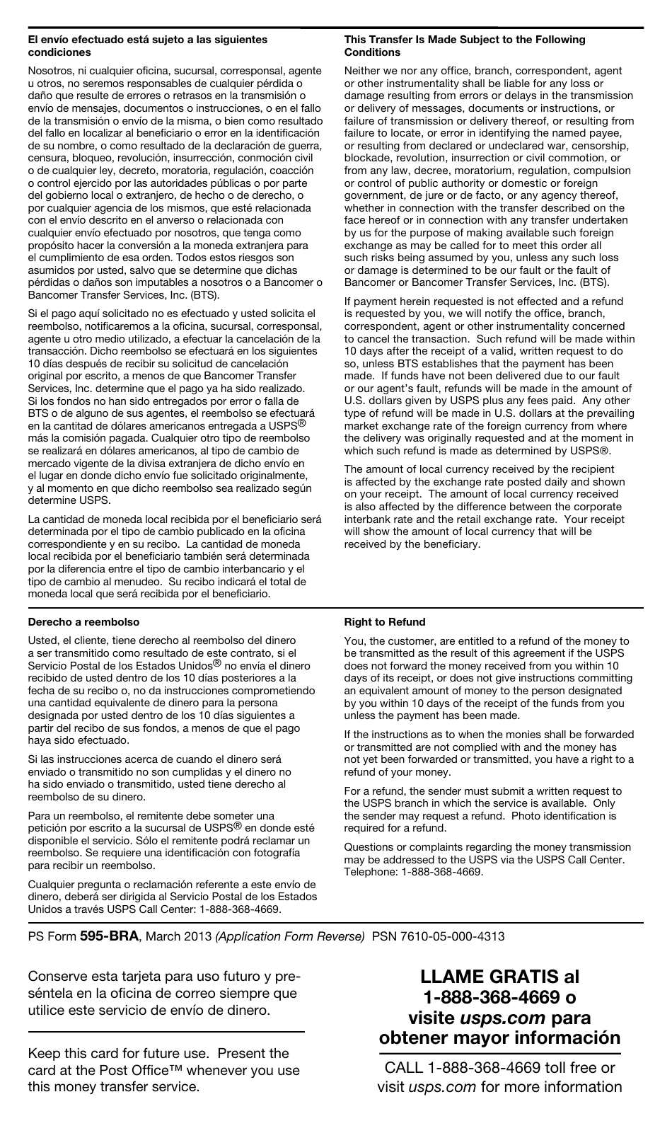 PS Form 595-BRA Dinero Seguro - Payment Order Application (English / Spanish), Page 6
