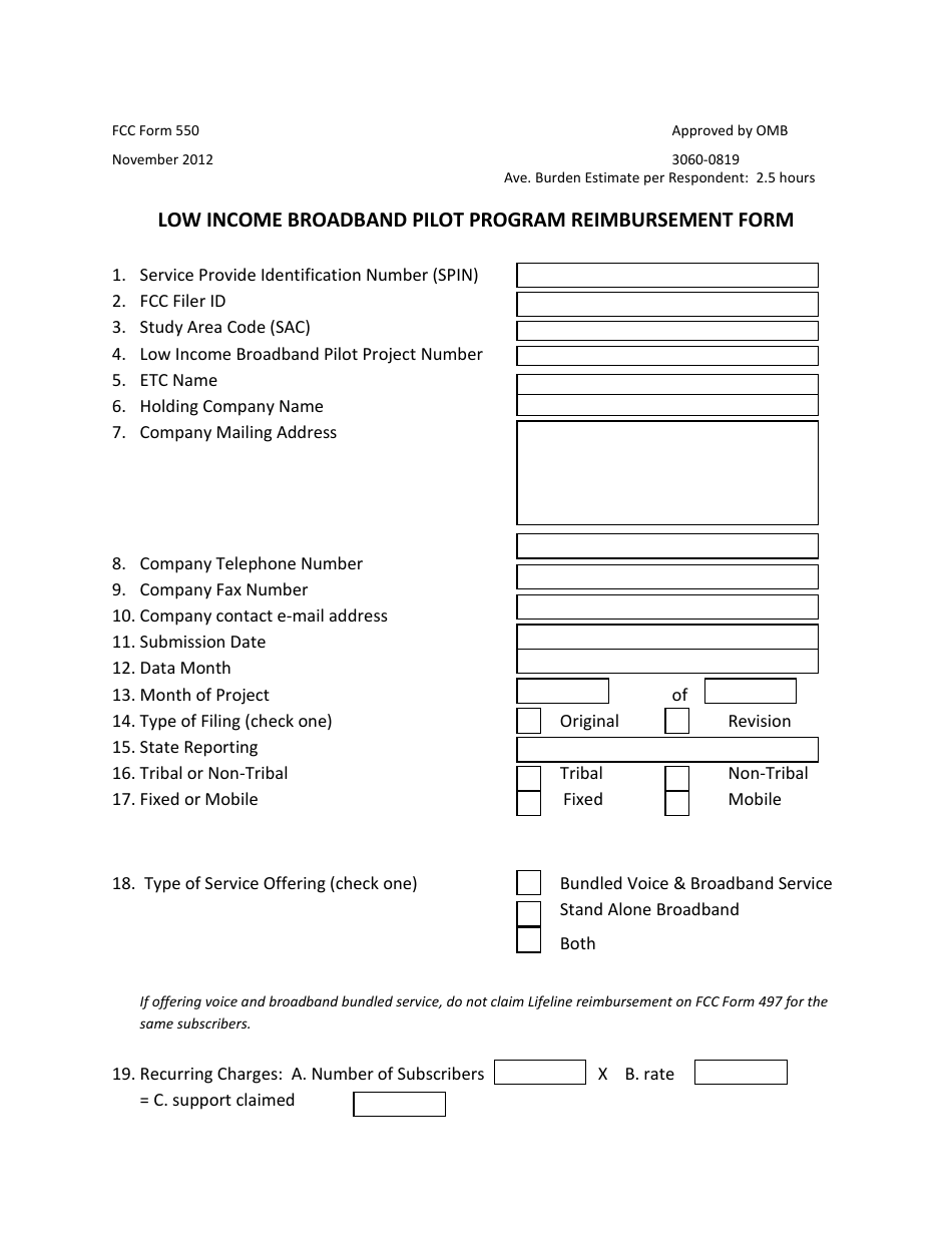 FCC Form 550 Low Income Broadband Pilot Program Reimbursement Form, Page 1