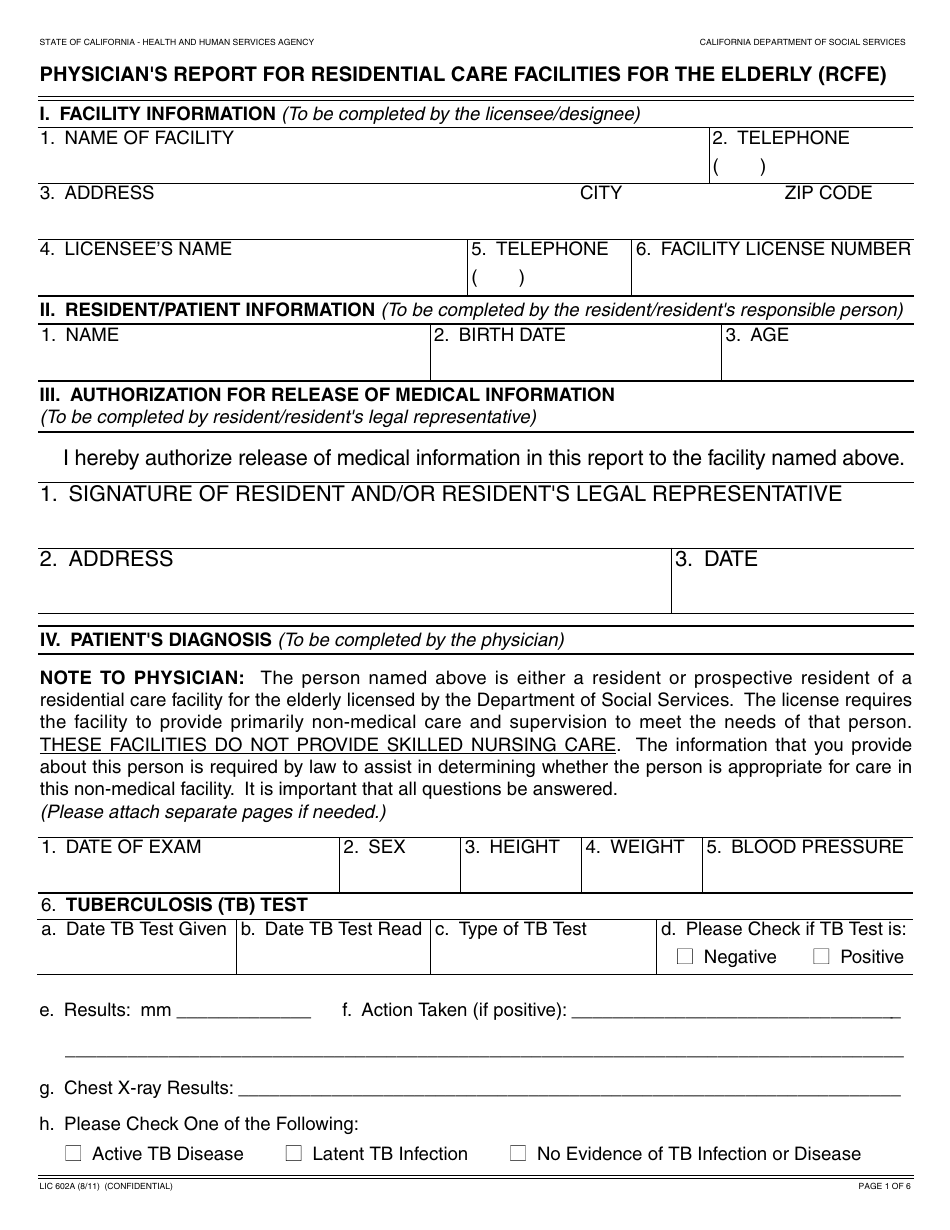 Form LIC602A Physicians Report for Residential Care Facilities for the Elderly (Rcfe) - California, Page 1