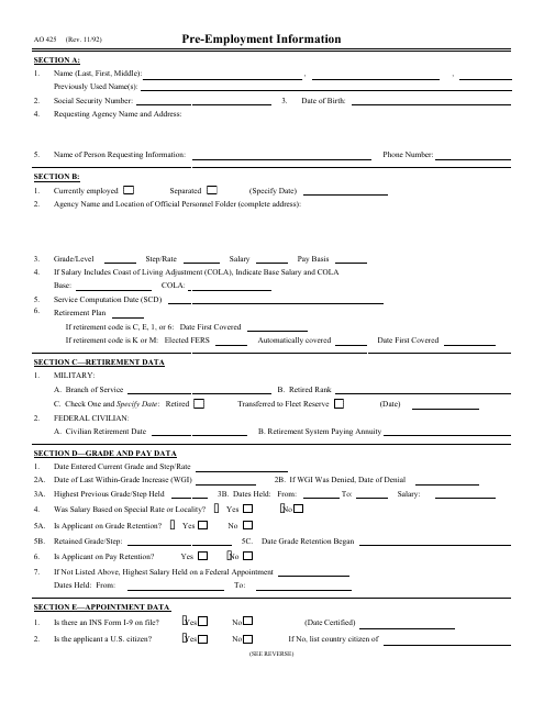 Form AO425 Pre-employment Information
