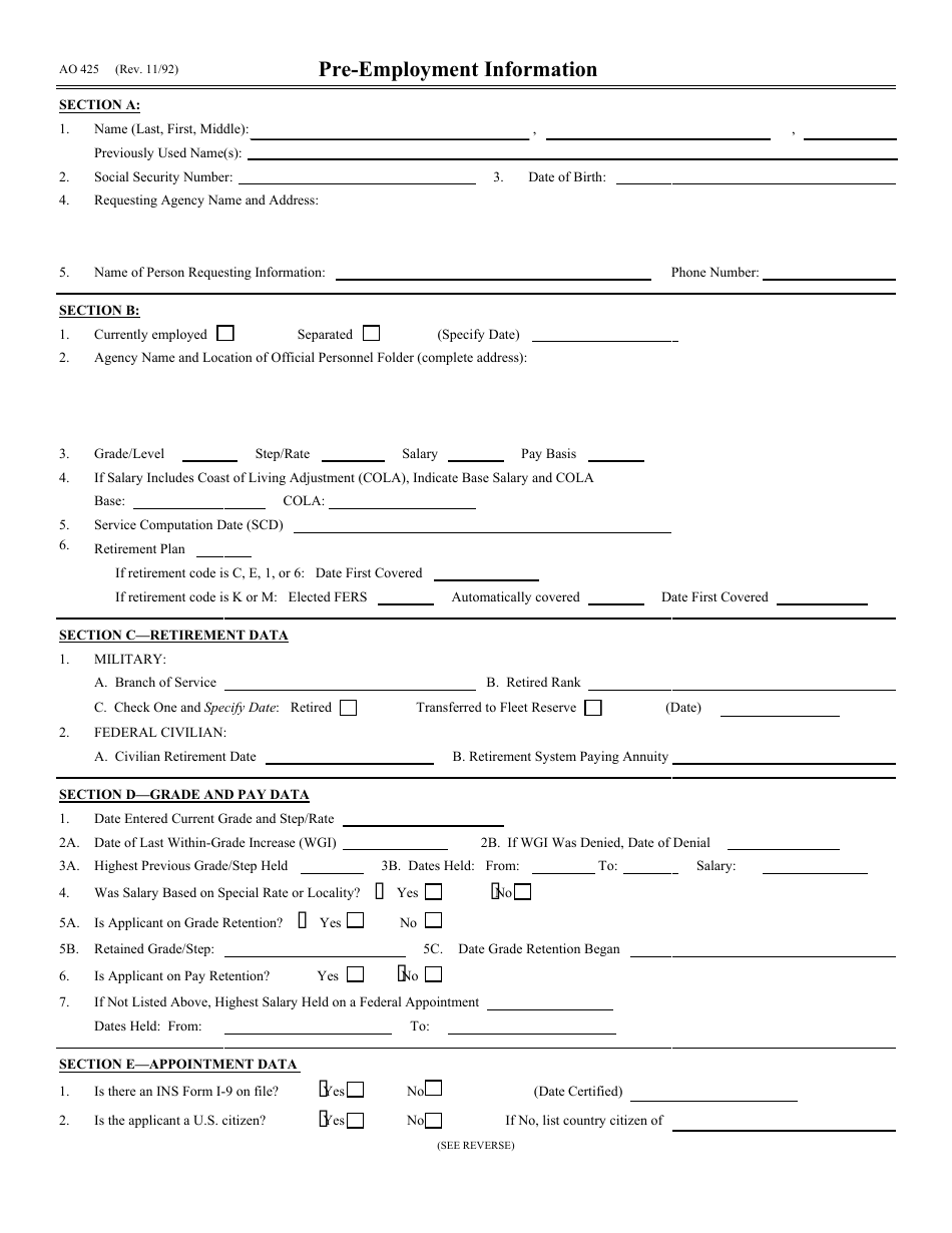 Form AO425 Pre-employment Information, Page 1