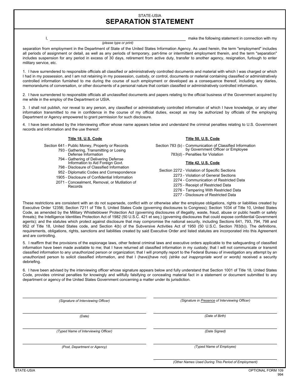 Optional Form 109 - Fill Out, Sign Online and Download Fillable PDF ...