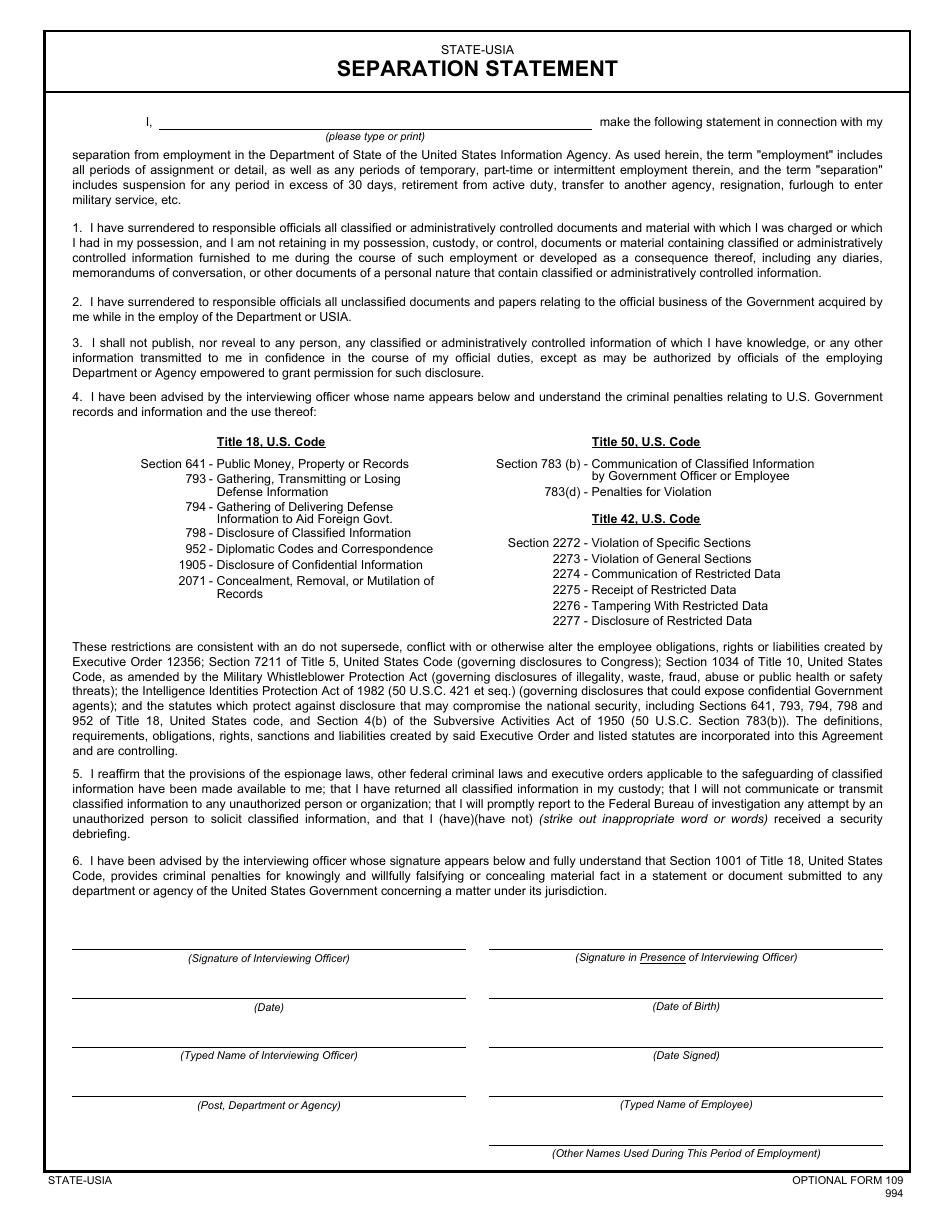 Optional Form 109 Separation Statement, Page 1