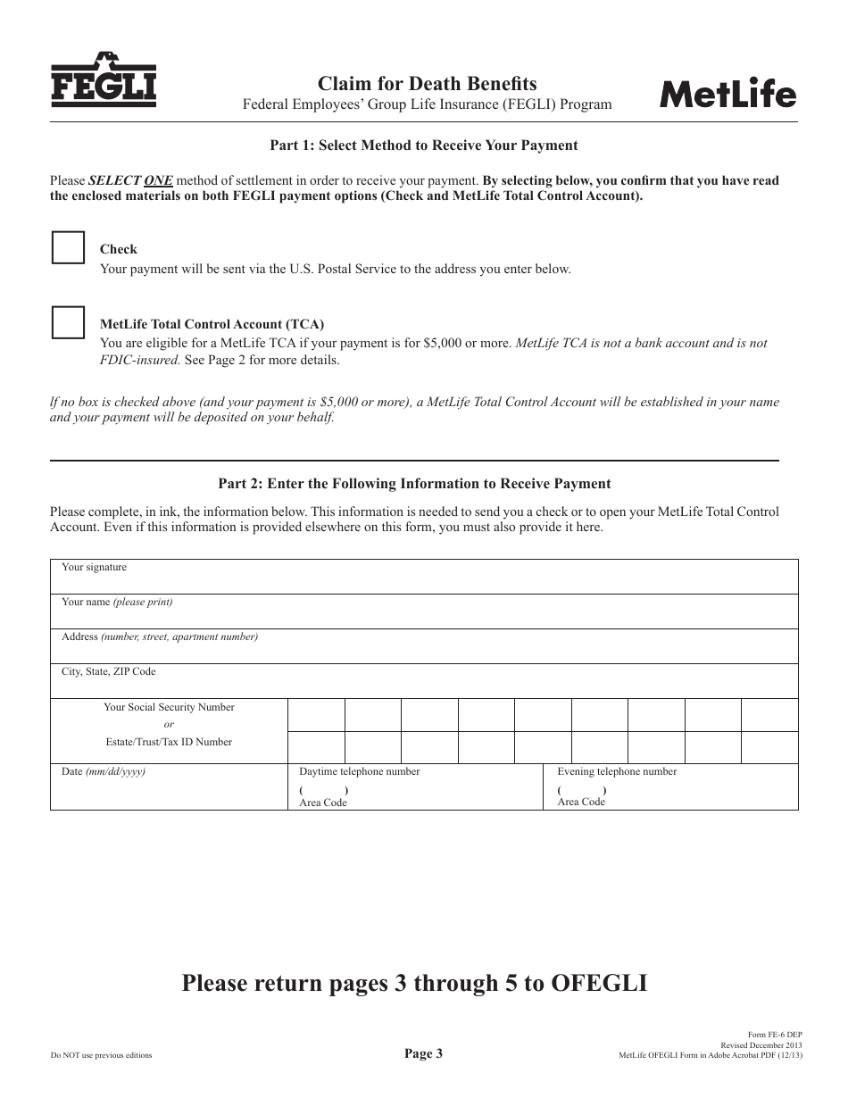Form FE-6 DEP Claim for Death Benefits - Metlife, Page 3