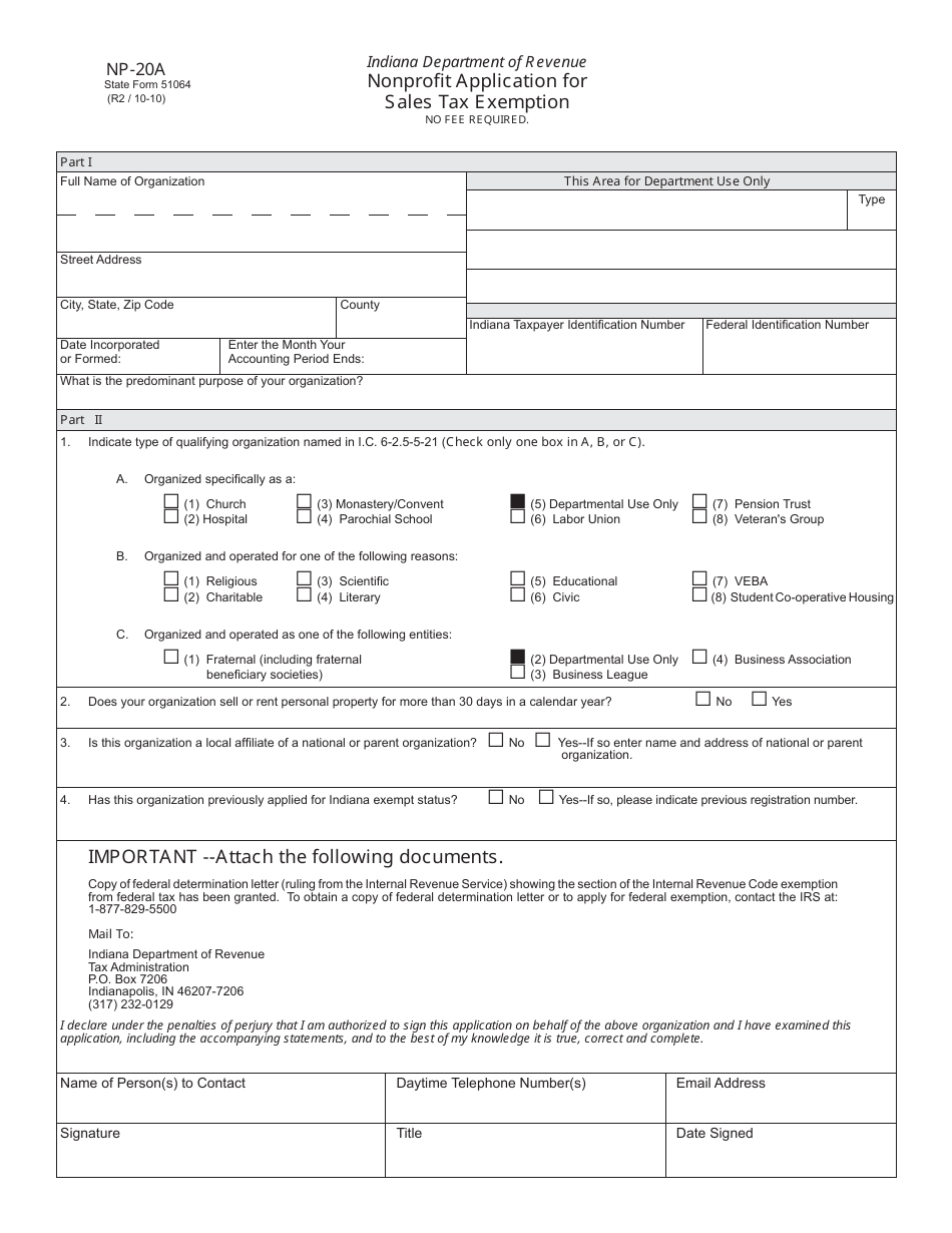 State Form 51064 (NP-20A) Nonprofit Application for Sales Tax Exemption - Indiana, Page 1