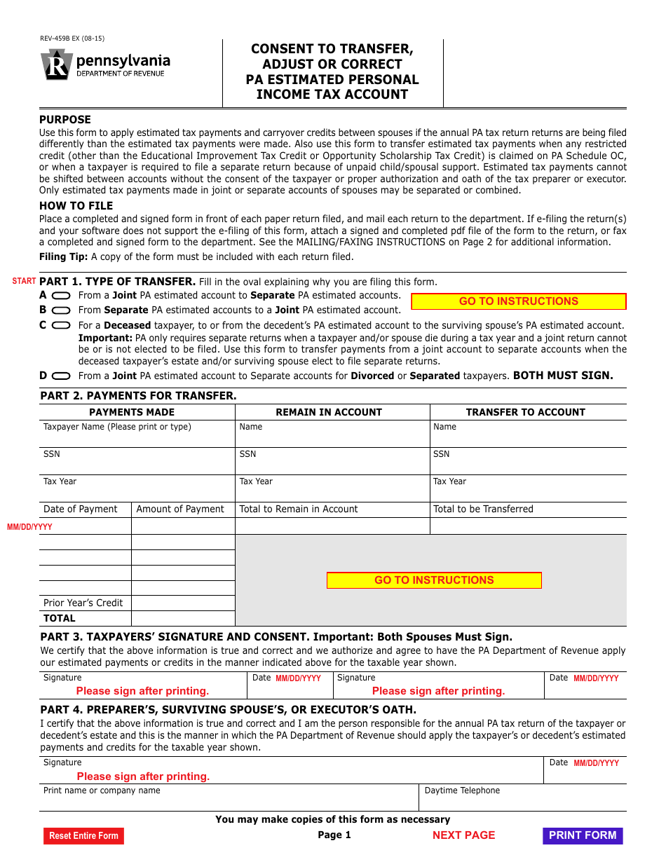 Form REV-459B Consent to Transfer, Adjust or Correct Pa Estimated Personal Income Tax Account - Pennsylvania, Page 1