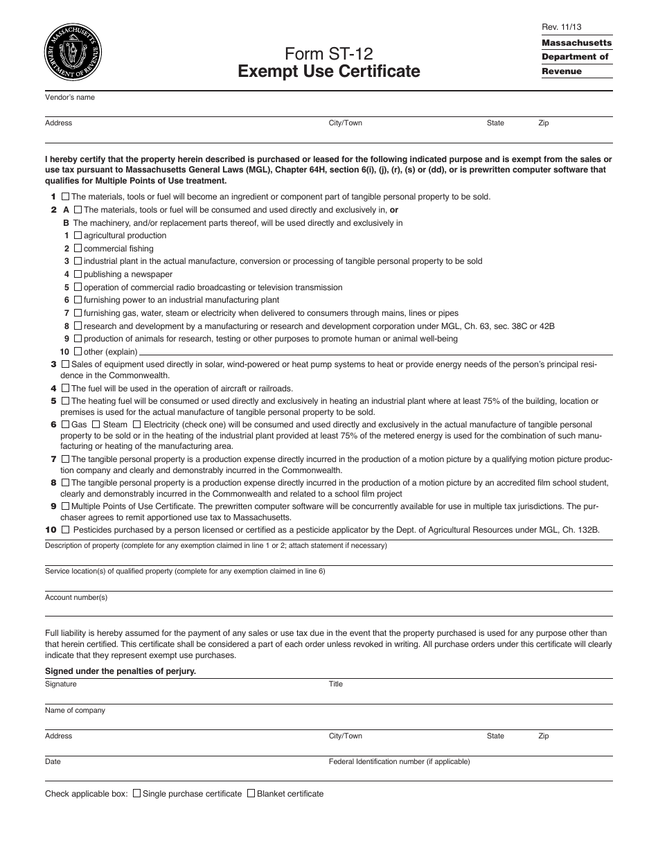 Form ST-12 Exempt Use Certificate - Massachusetts, Page 1