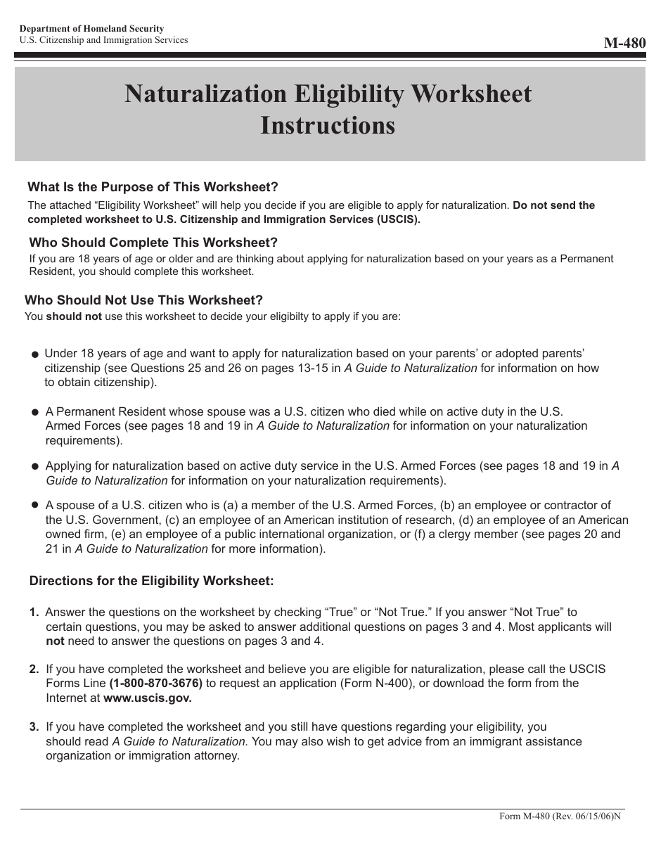 USCIS Form M-480 Naturalization Eligibility Worksheet, Page 1