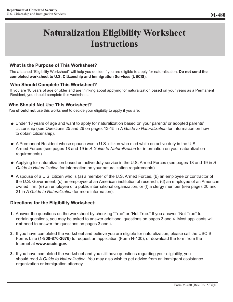 Uscis Form M 480 Download Printable Pdf Or Fill Online Naturalization Eligibility Worksheet Templateroller