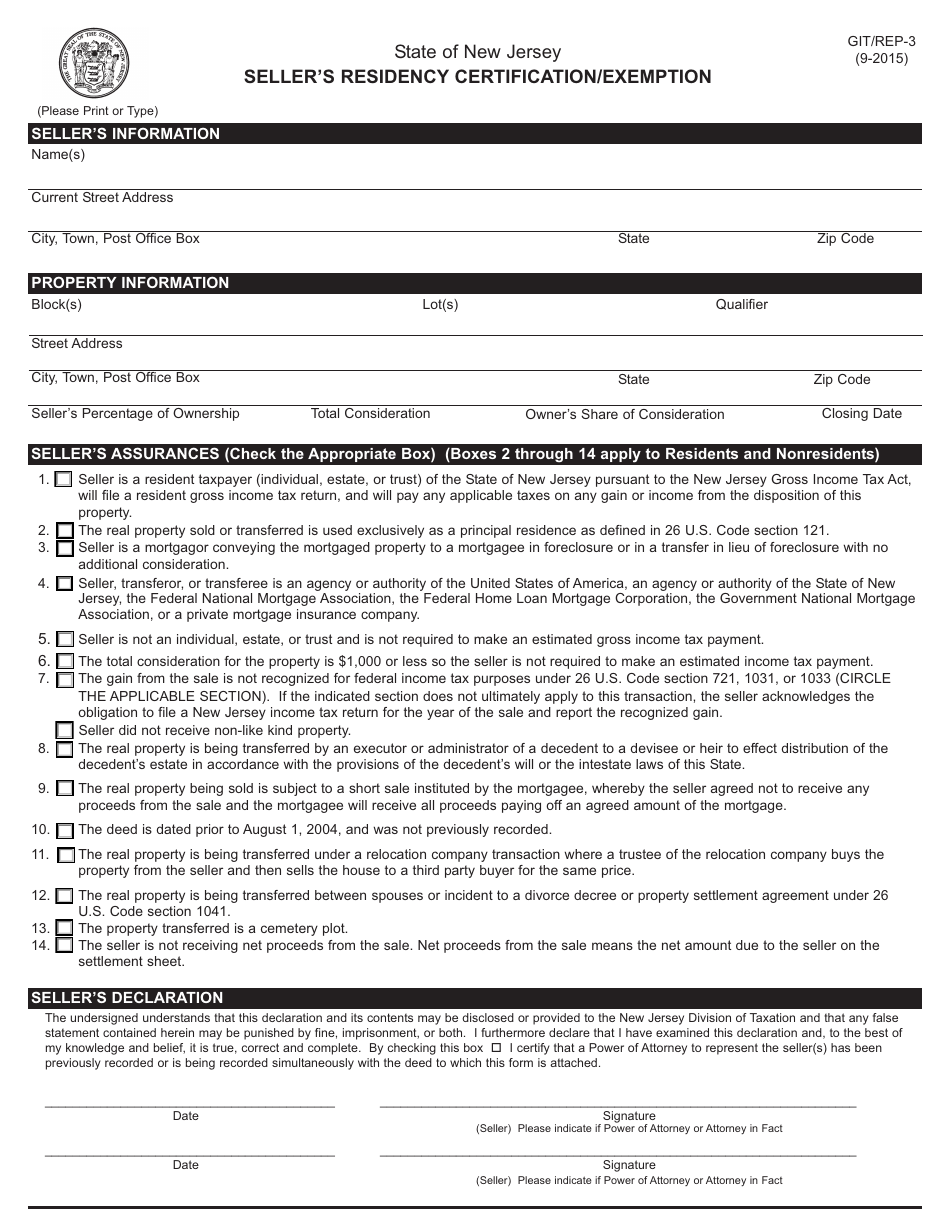 Form GIT-REP-3 Sellers Residency Certification / Exemption - New Jersey, Page 1