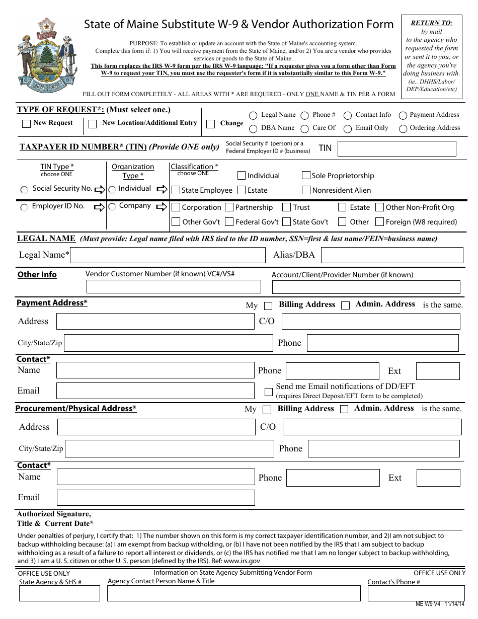 Form W-9 State of Maine Substitute W-9  Vendor Authorization Form - Maine, Page 1