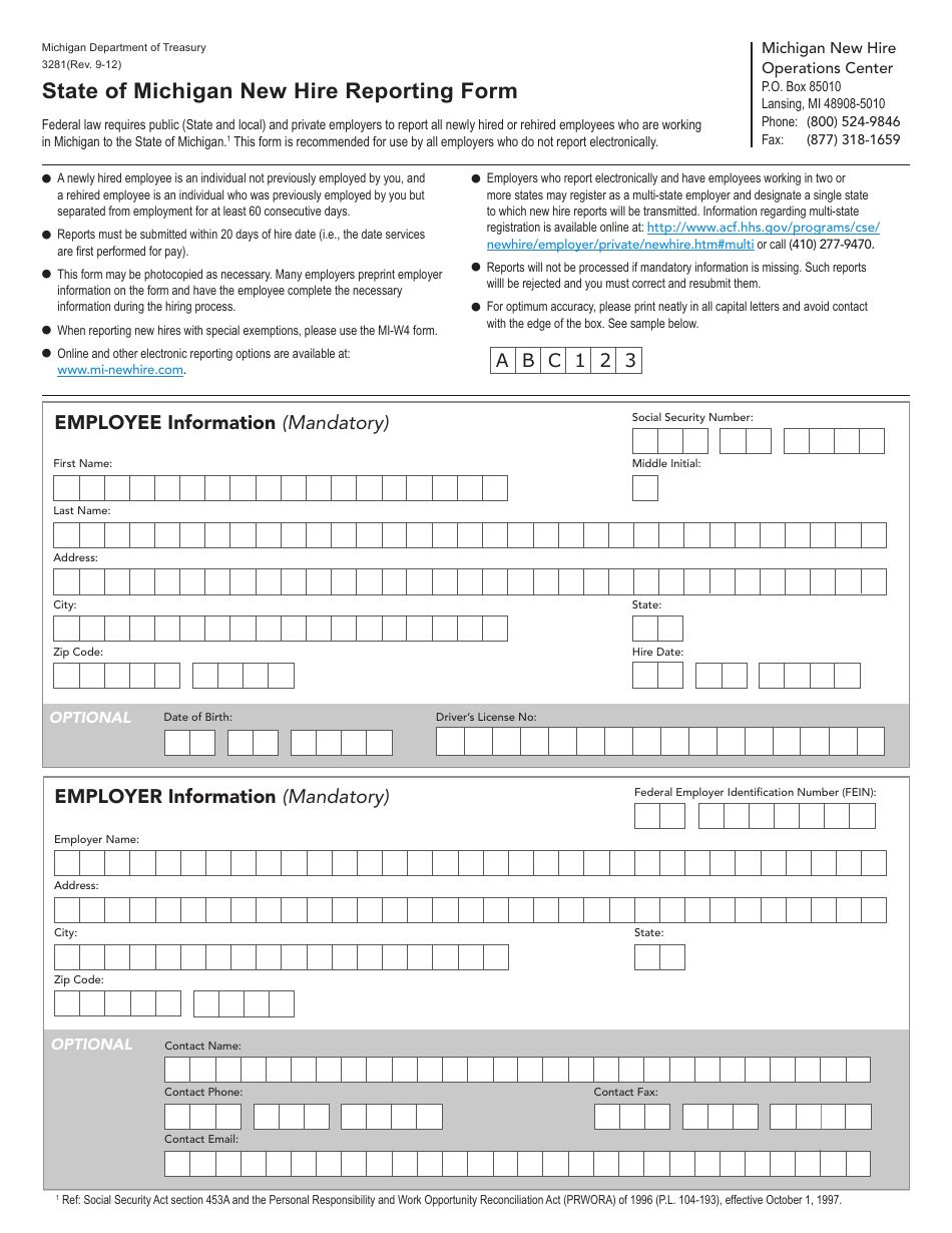Form 3281 State of Michigan New Hire Reporting Form - Michigan, Page 1