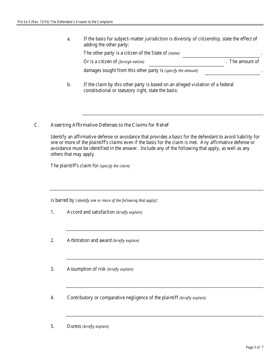 Form Pro Se3 The Defendants Answer to the Complaint, Page 3