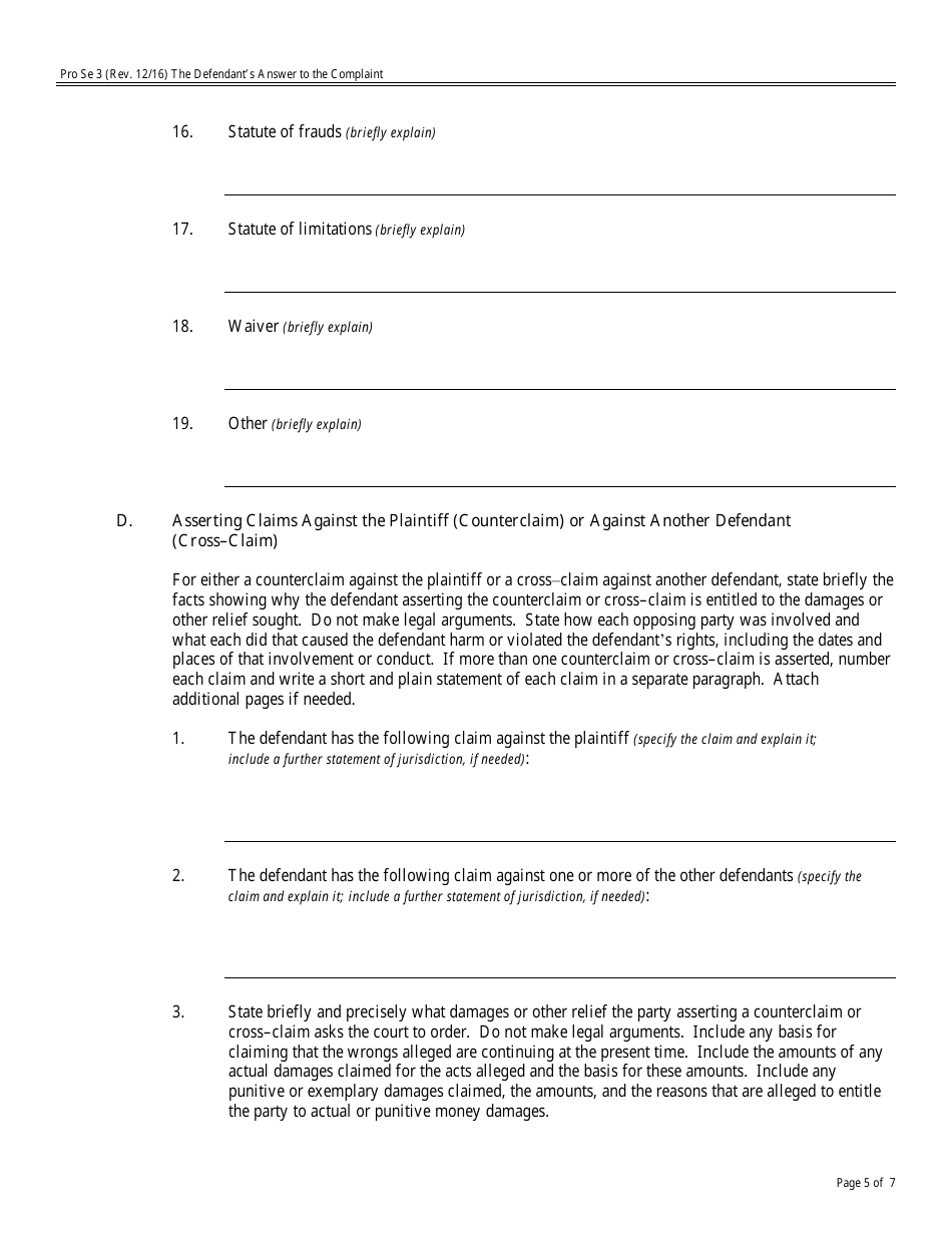 Form Pro Se3 The Defendants Answer to the Complaint, Page 5
