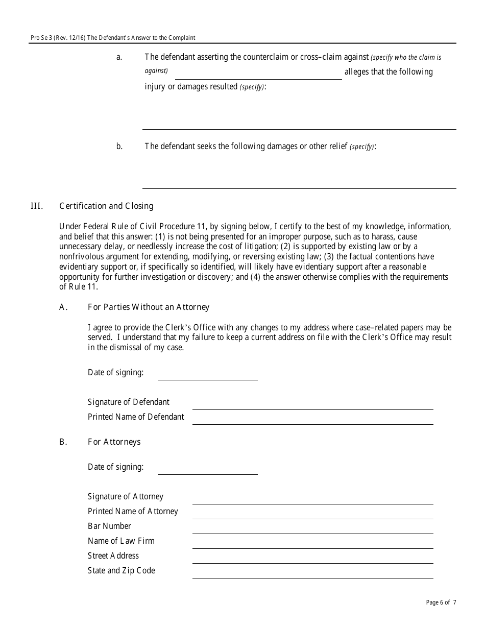 Form Pro Se3 The Defendants Answer to the Complaint, Page 6