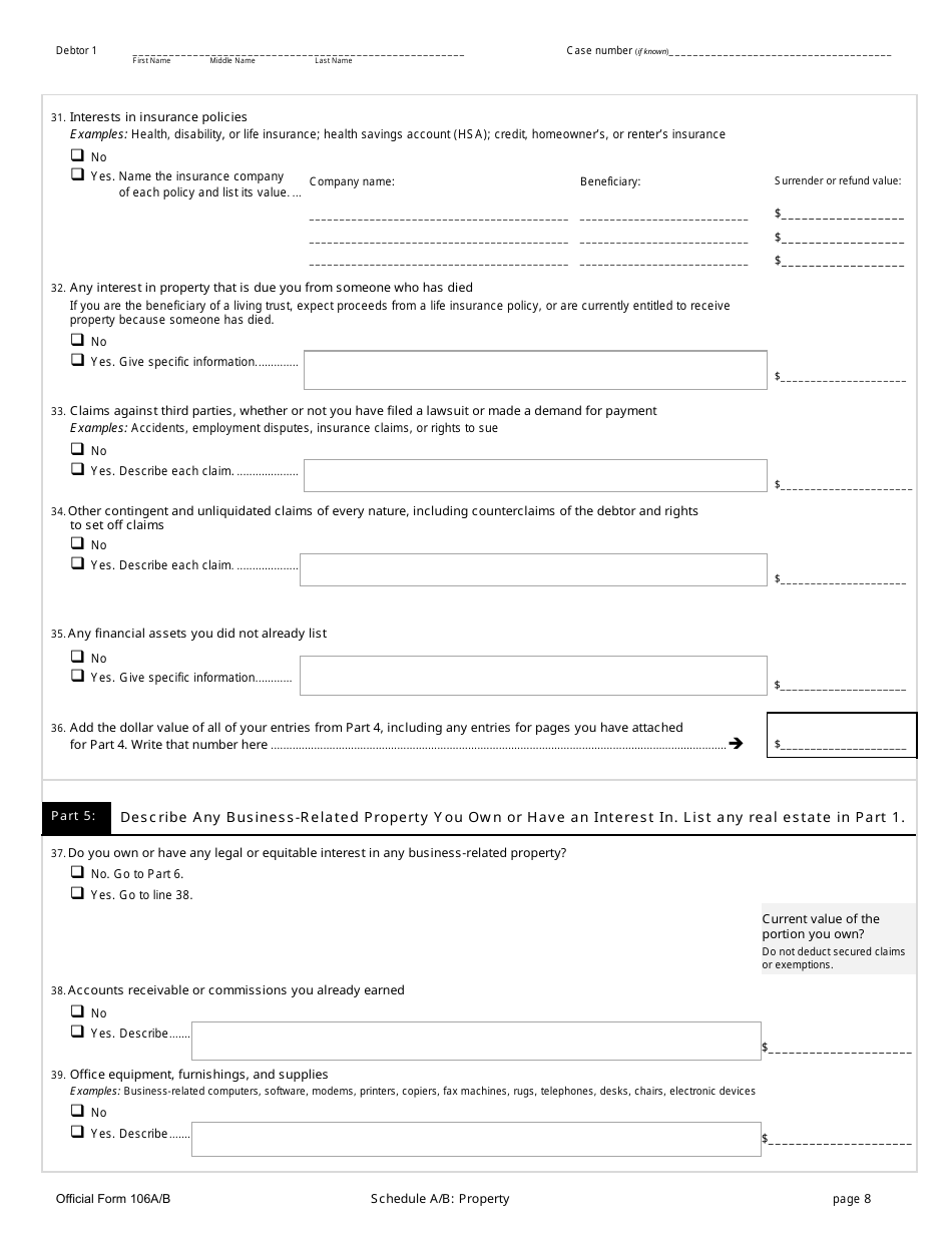 Official Form 106A/B Schedule A/B - Fill Out, Sign Online And Download ...