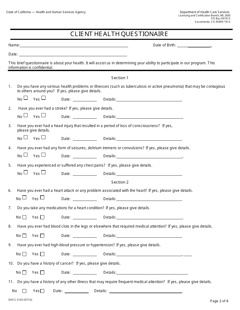Form DHCS5103 Client Health Questionaire - California, Page 2