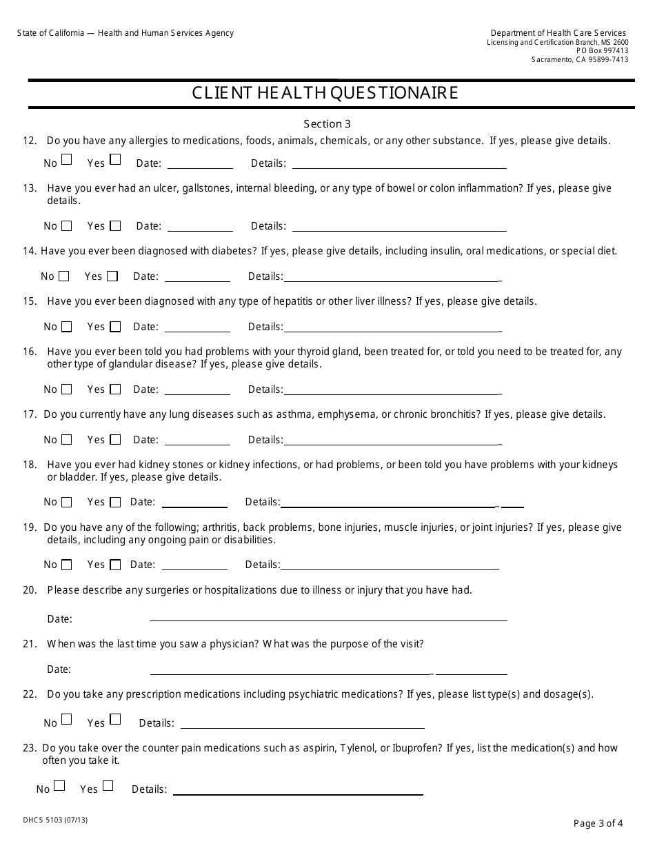 Form DHCS5103 Client Health Questionaire - California, Page 3