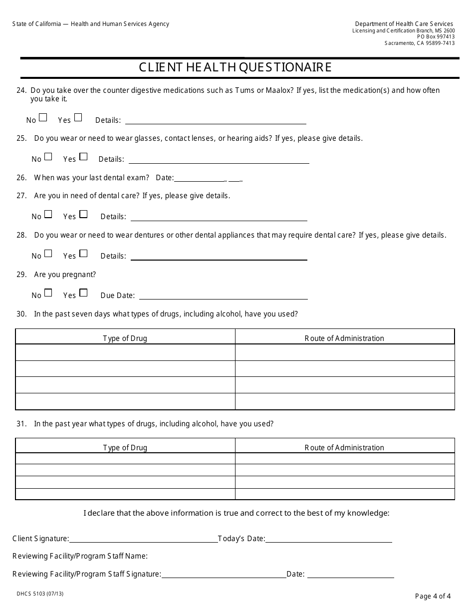 Form DHCS5103 Client Health Questionaire - California, Page 4