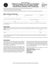 Document preview: Form MVU-27 Affidavit in Support of a Claim for Exemption From Sales or Use Tax for a Motor Vehicle Transferred by Intestacy, Will or Otherwise - Massachusetts