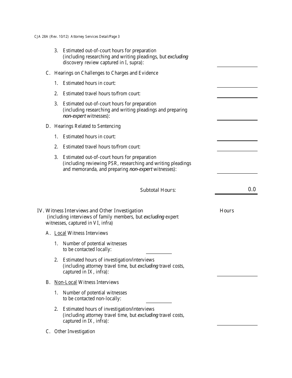 Form CJA28A Attorney Services Detailed Budget Worksheet for Non-capital Representations With the Potential for Extraordinary Cost, Page 3