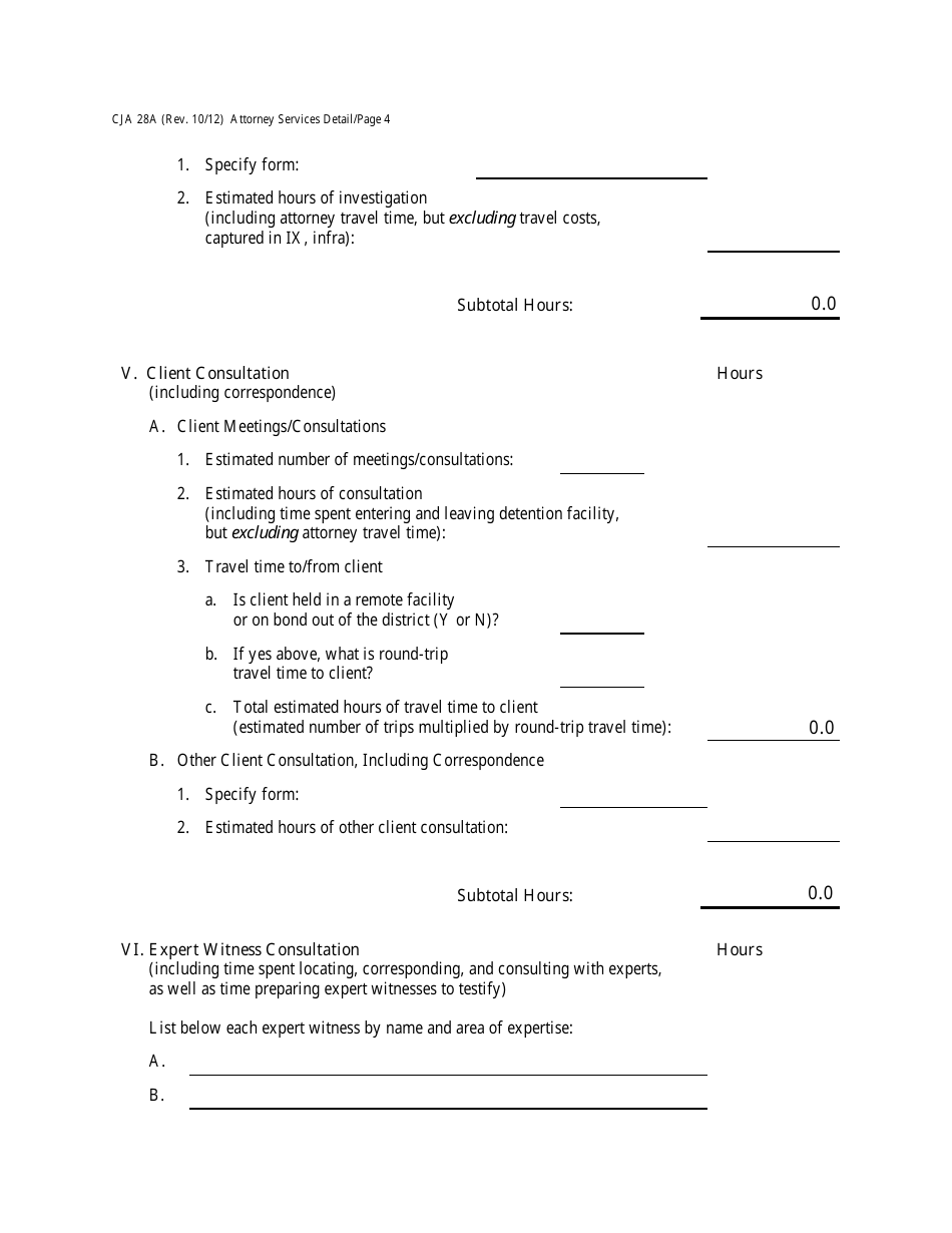 Form CJA28A Attorney Services Detailed Budget Worksheet for Non-capital Representations With the Potential for Extraordinary Cost, Page 4