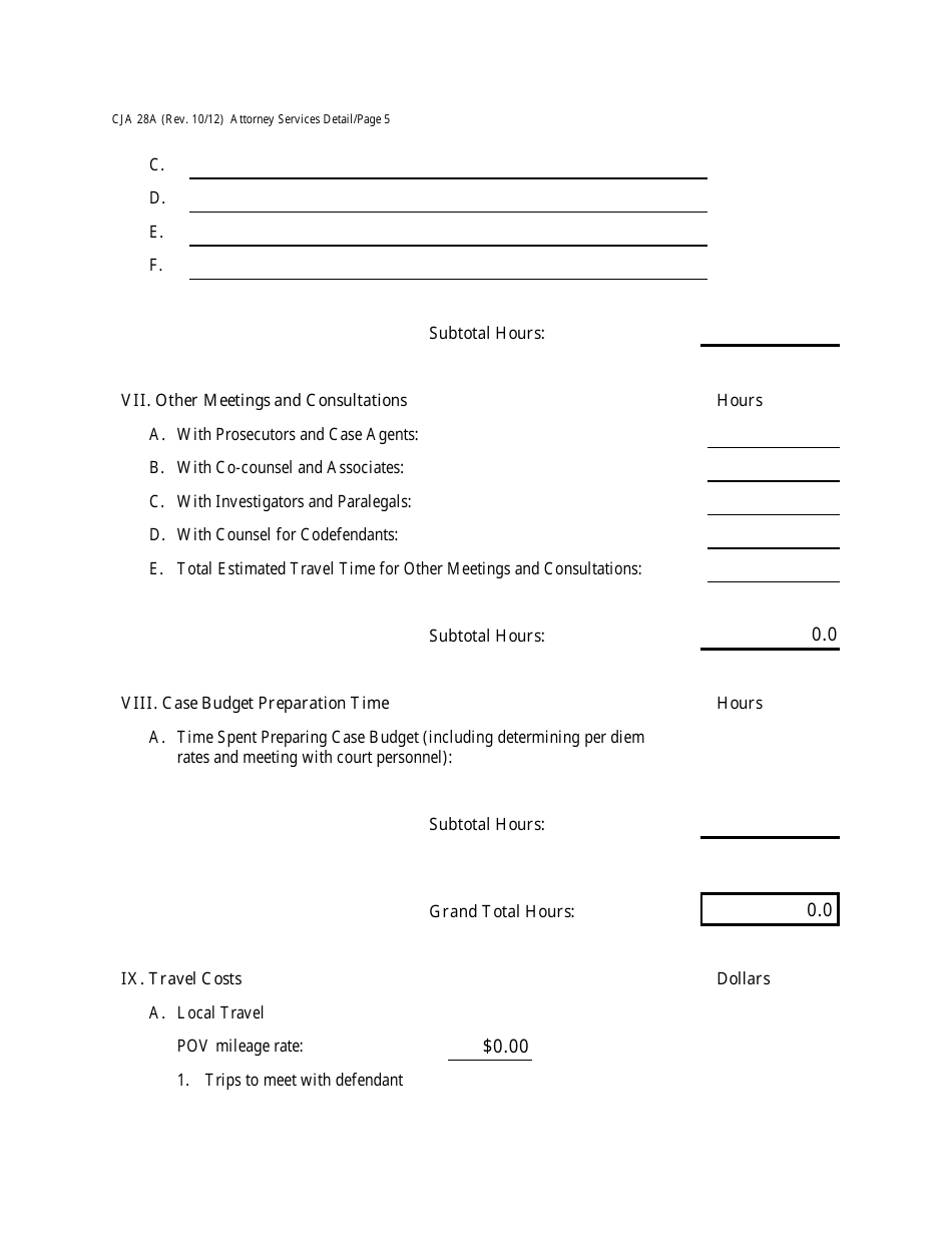 Form CJA28A Attorney Services Detailed Budget Worksheet for Non-capital Representations With the Potential for Extraordinary Cost, Page 5