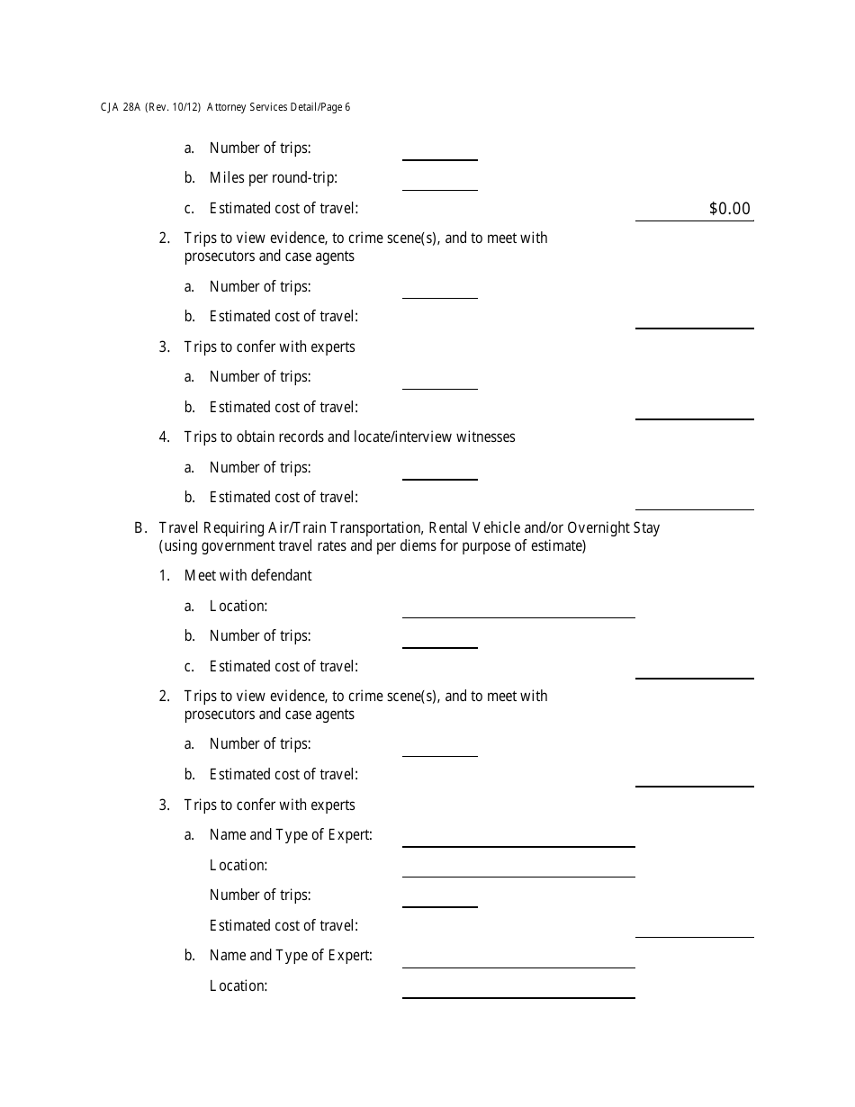 Form CJA28A Attorney Services Detailed Budget Worksheet for Non-capital Representations With the Potential for Extraordinary Cost, Page 6