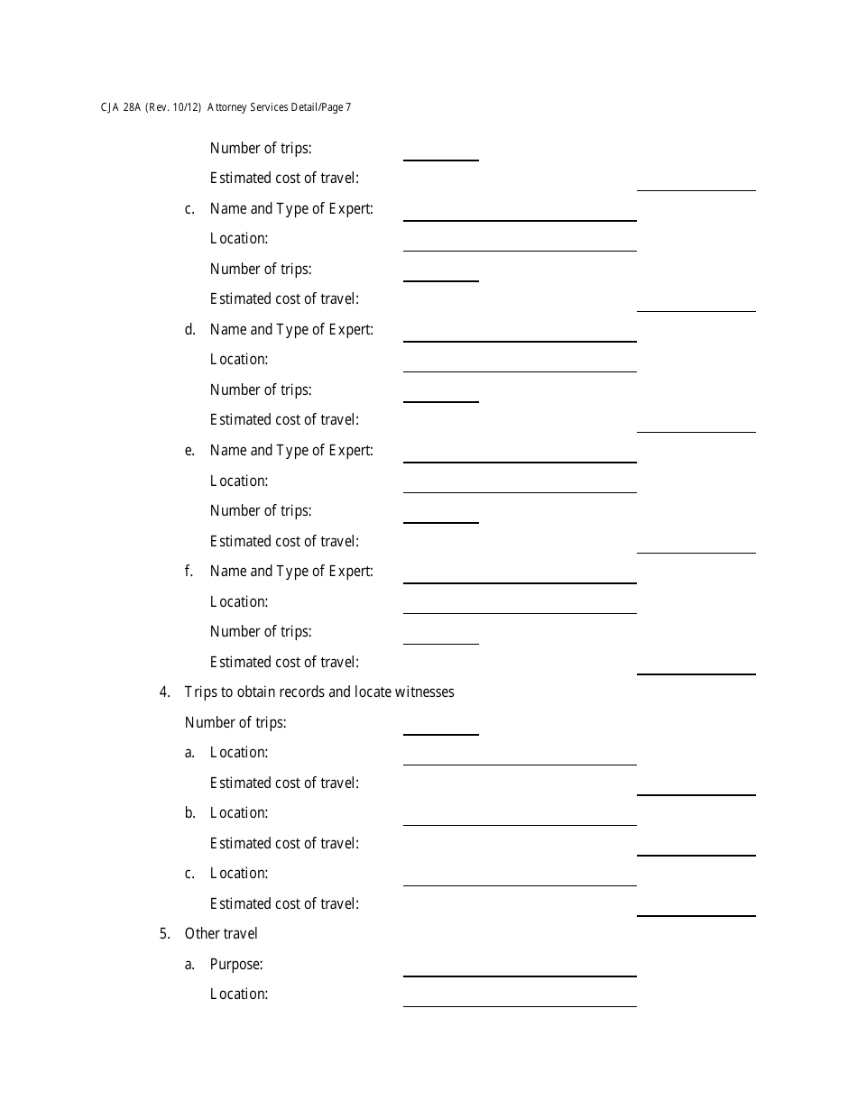 Form CJA28A Attorney Services Detailed Budget Worksheet for Non-capital Representations With the Potential for Extraordinary Cost, Page 7