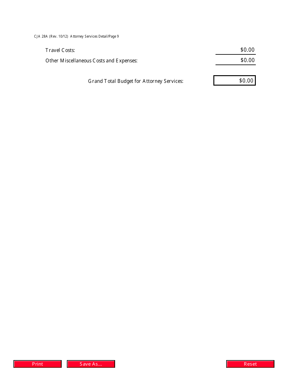 Form CJA28A Attorney Services Detailed Budget Worksheet for Non-capital Representations With the Potential for Extraordinary Cost, Page 9