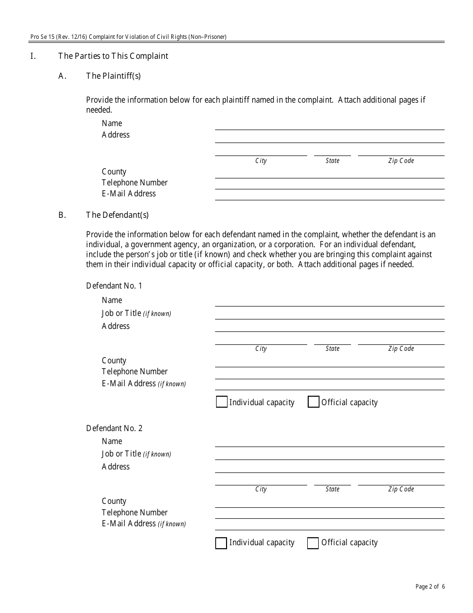 Form Pro Se15 Complaint for Violation of Civil Rights - Non-prisoner Complaint, Page 2