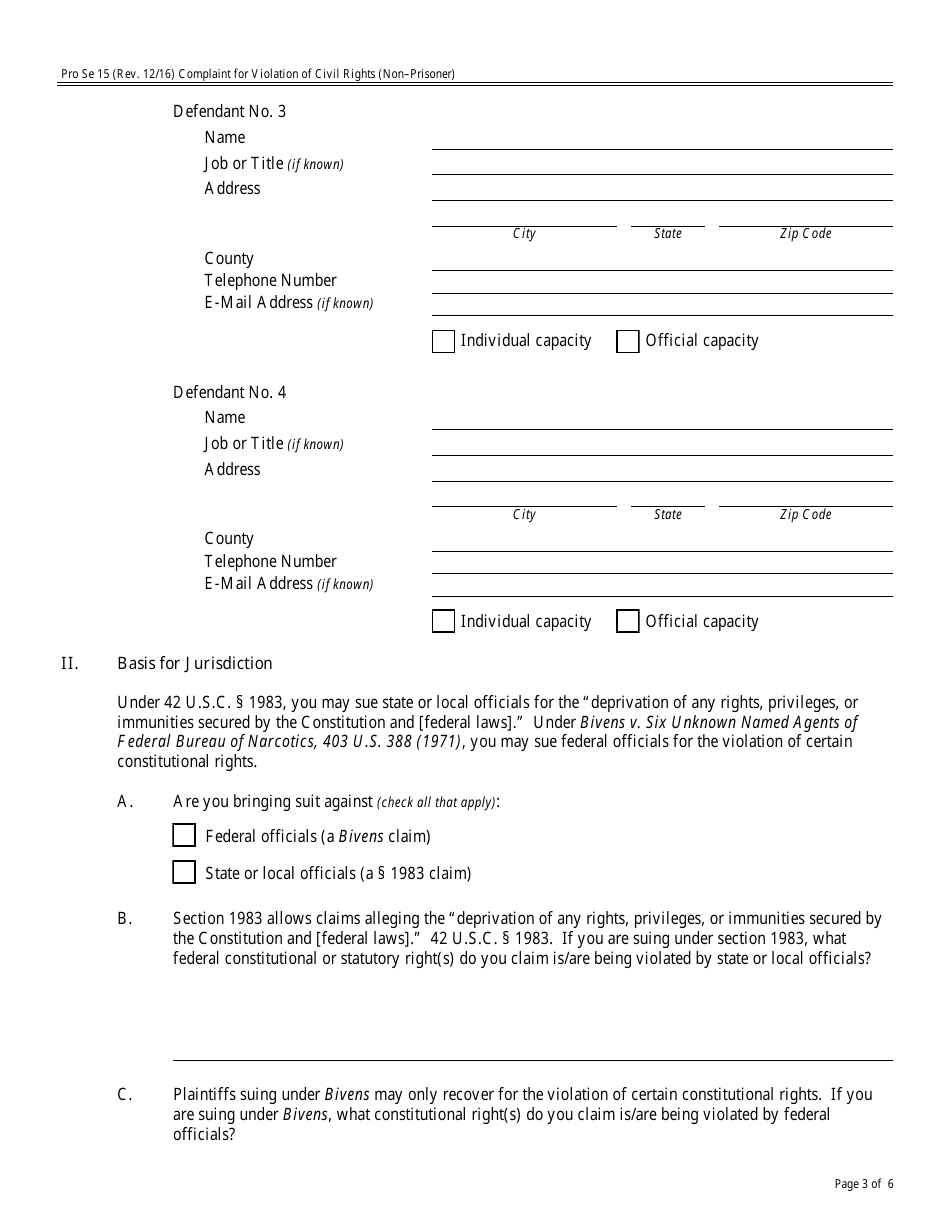 Form Pro Se15 Complaint for Violation of Civil Rights - Non-prisoner Complaint, Page 3