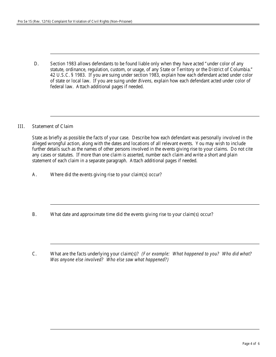 Form Pro Se15 Complaint for Violation of Civil Rights - Non-prisoner Complaint, Page 4