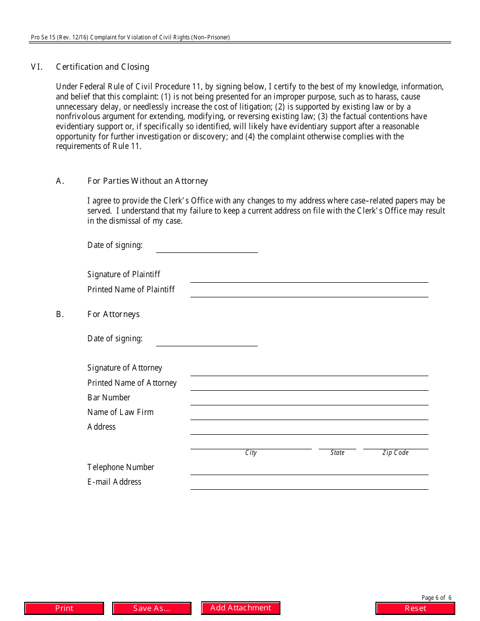 Form Pro Se15 Complaint for Violation of Civil Rights - Non-prisoner Complaint, Page 6