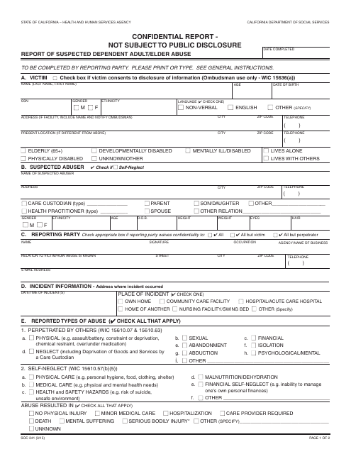 Form SOC 341 Download Fillable PDF, Confidential Report Not Subject