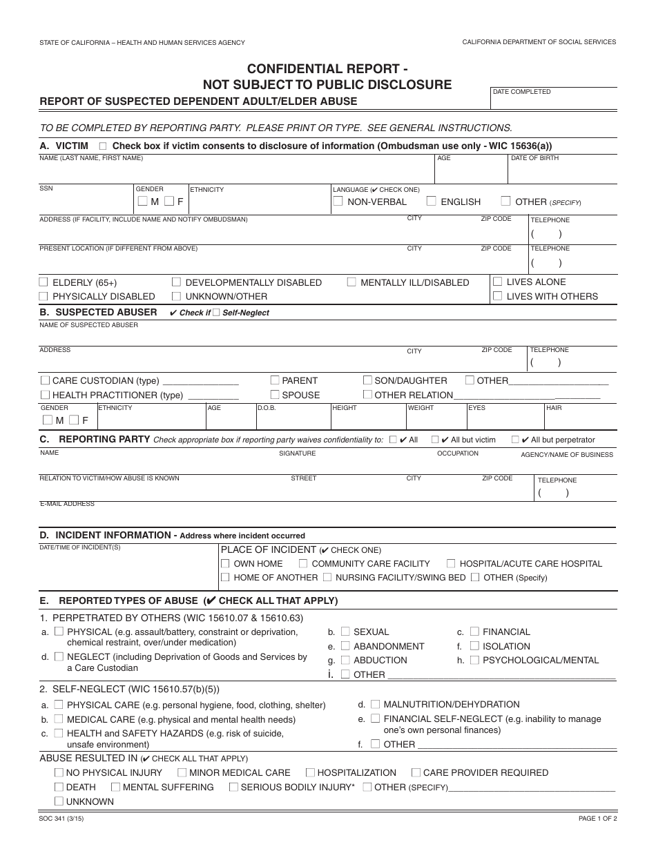 Form SOC341 Confidential Report - Not Subject to Public Disclosure - California, Page 1