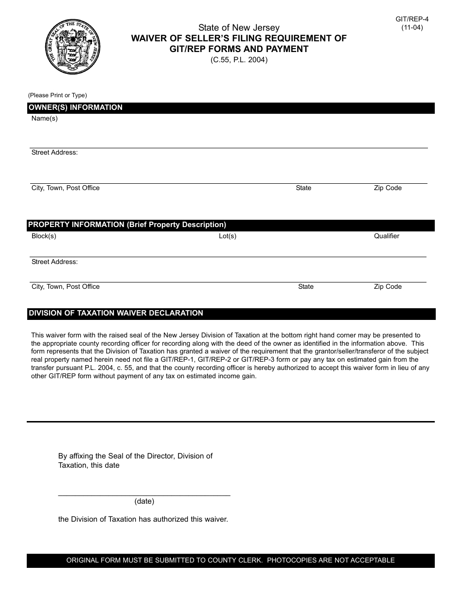 Form GIT / REP-4 Waiver of Sellers Filing Requirement of Git / Rep Forms and Payment - New Jersey, Page 1