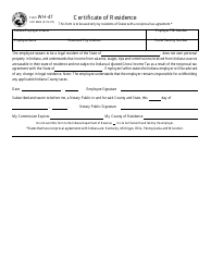 Form SF9686 (WH-47) &quot;Certificate of Residence&quot; - Indiana