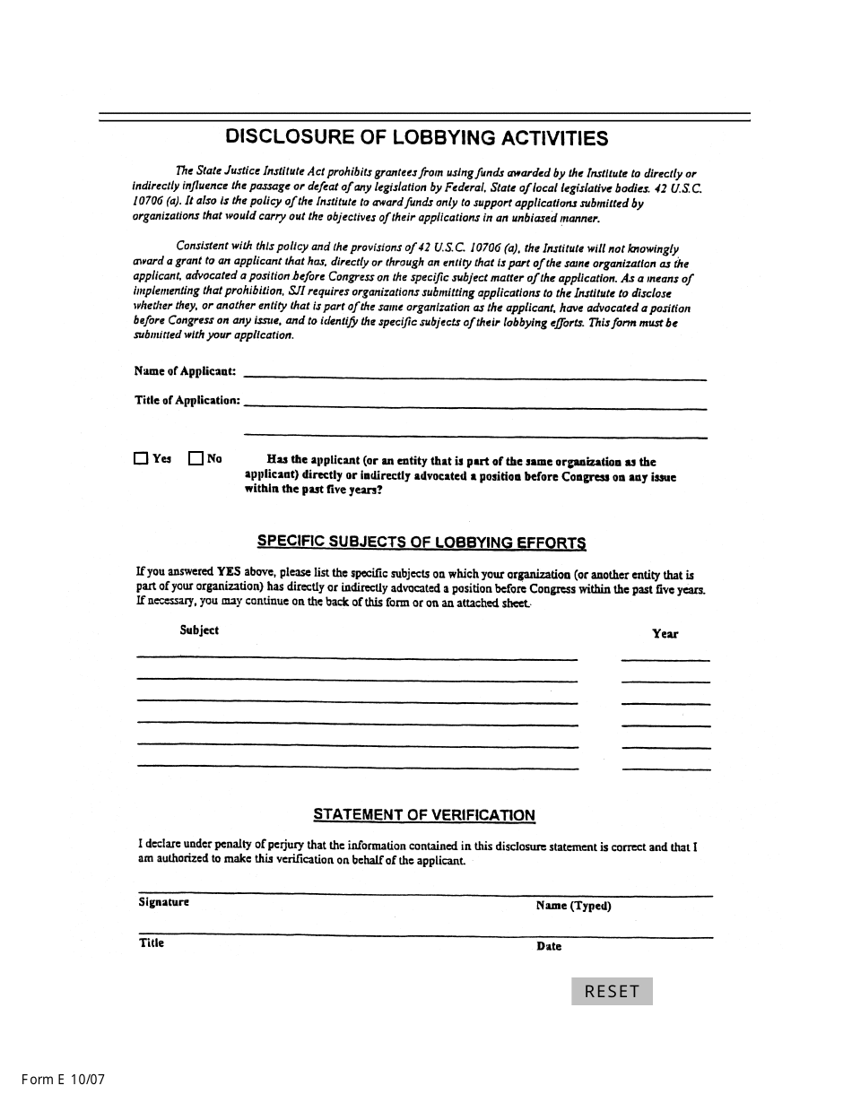 Form E Disclosure of Lobbying Activities, Page 1