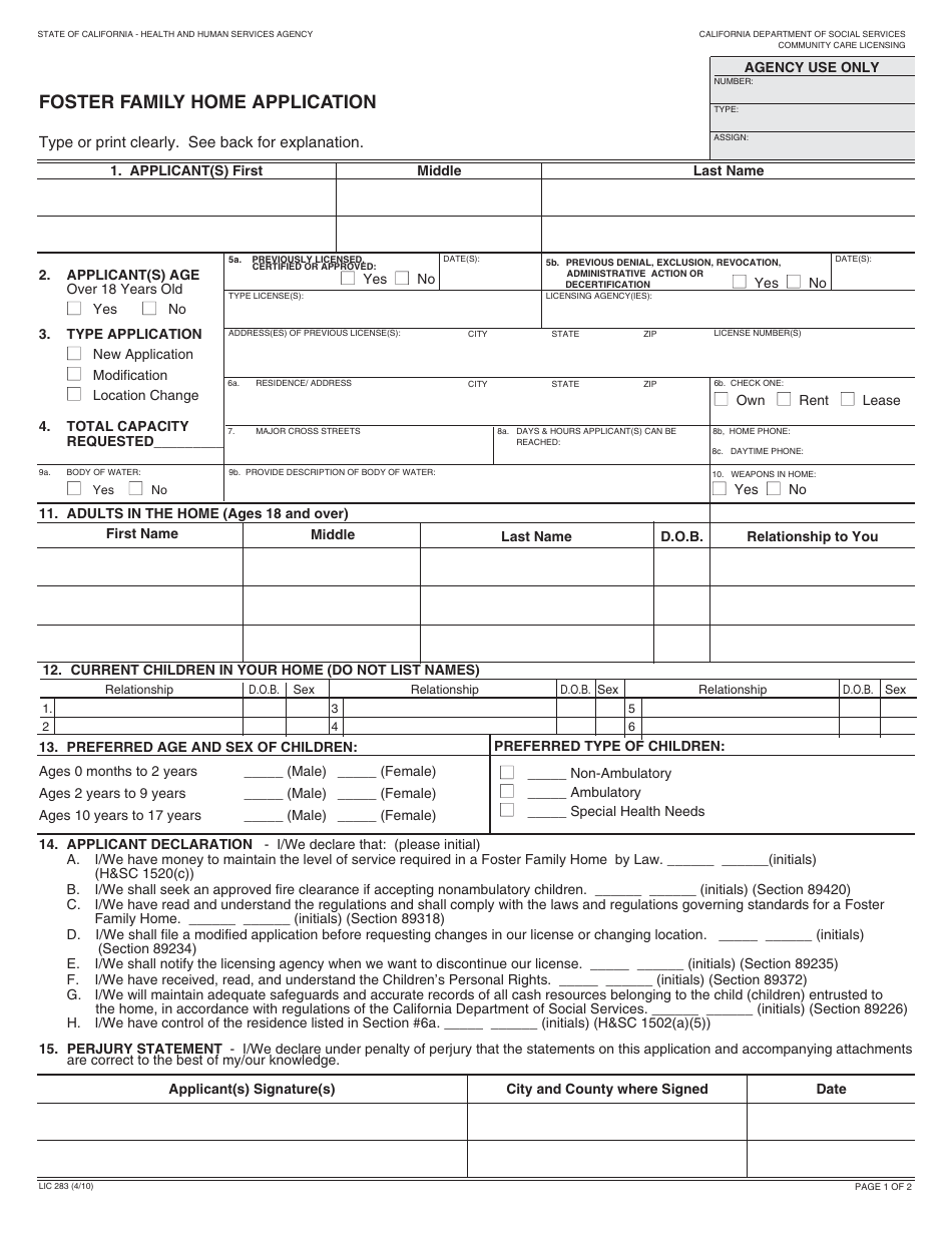 Form LIC283 Foster Family Home Application - California, Page 1