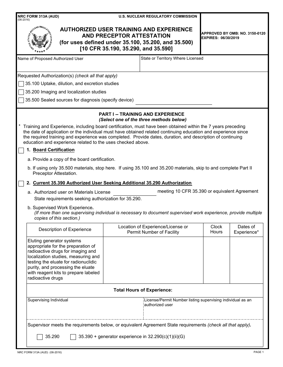 NRC Form 313A (AUD) Authorized User Training and Experience and Preceptor Attestation, Page 1