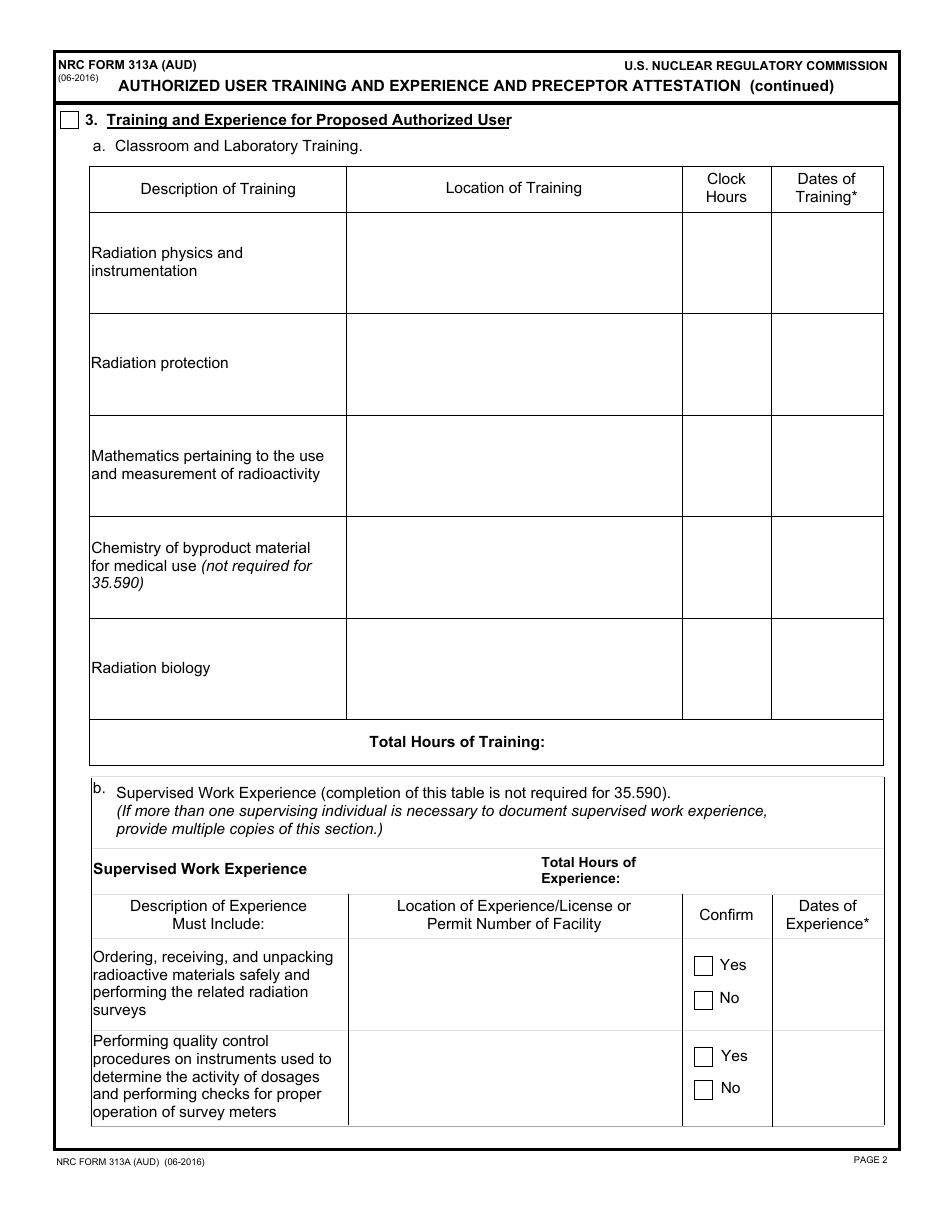 NRC Form 313A (AUD) Authorized User Training and Experience and Preceptor Attestation, Page 2